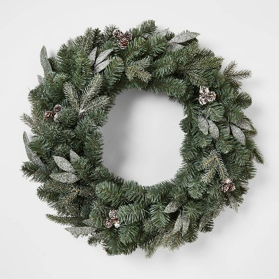 28in Unlit Mixed Greenery Wreath Flocked Glitter - Wondershop™ | Target