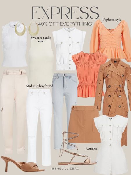 EXPRESS Sale! 40% off everything! Loving these neutrals and pops of peach for the Spring season! I grabbed my TTS and small in all. 



Spring style. Trench coat. Jeans. White jeans. Utility pants. Skirt. Romper  Sweater tank. Blouse. Peplum top. Date night look  

#LTKunder50 #LTKunder100 #LTKsalealert