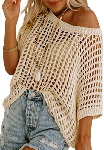 ATHMILE Womens Short Sleeve Sweaters Scoop Neck Summer Beach Cover up Casual Crochet Hollow Out K... | Amazon (US)