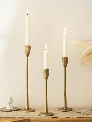 Romadedi Gold Candlestick Candle Holder - Cast Iron Taper Candle Stick Holders Brass Antique Decor Tapered for Wedding Dining Table Christmas Mantel Home Decoration Set of 3 | Amazon (US)