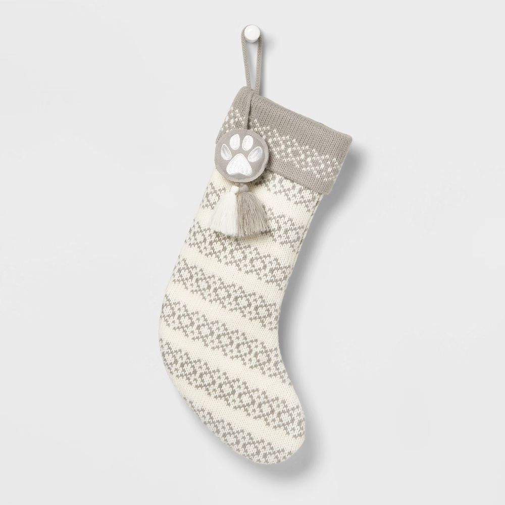 20"" Knit Fair Isle Christmas Stocking with Paw Print Tassel Neutral - Wondershop | Target