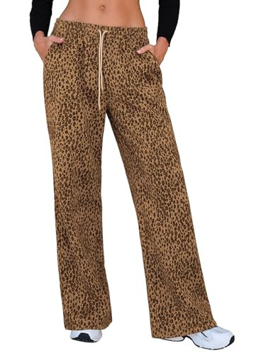 EXLURA Women's 2025 Fall Leopard Print Fleece Wide Leg Sweatpants Elastic Waist Drawstring Y2K Trousers Cheetah Pants Pockets | Amazon (US)