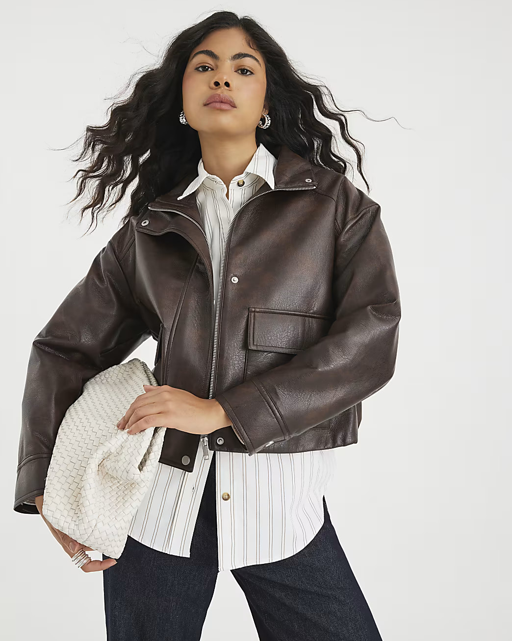 Brown Faux Leather Funnel Neck Bomber Jacket | River Island UK & IE