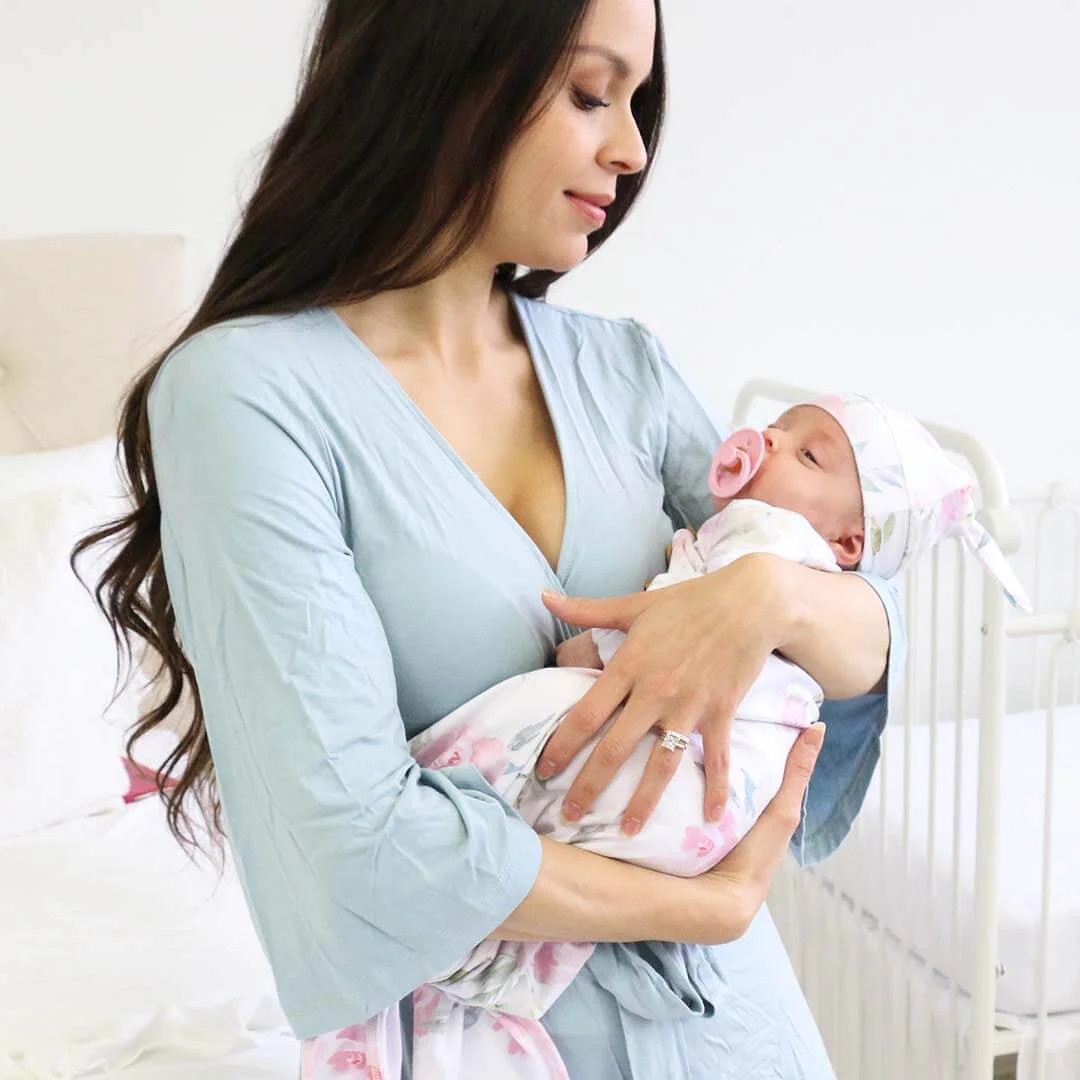 Solid Light Dusty Blue Bamboo Knit Maternity Robe | Caden Lane