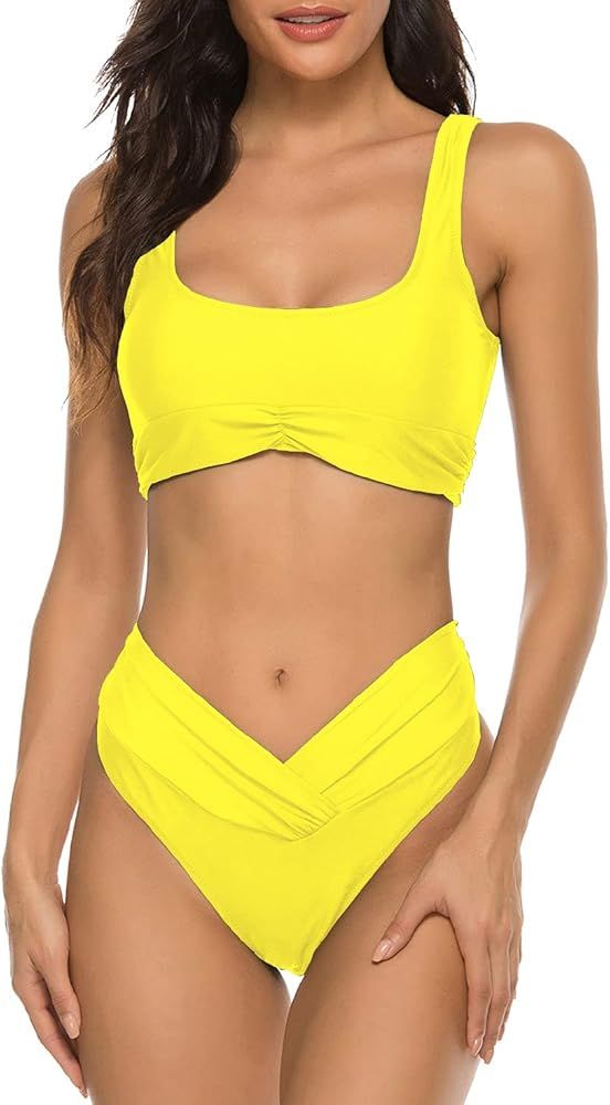 V Cut Criss Cross Swimsuits Ruched Longline Crop Top High Waisted Bathing Suits | Amazon (US)