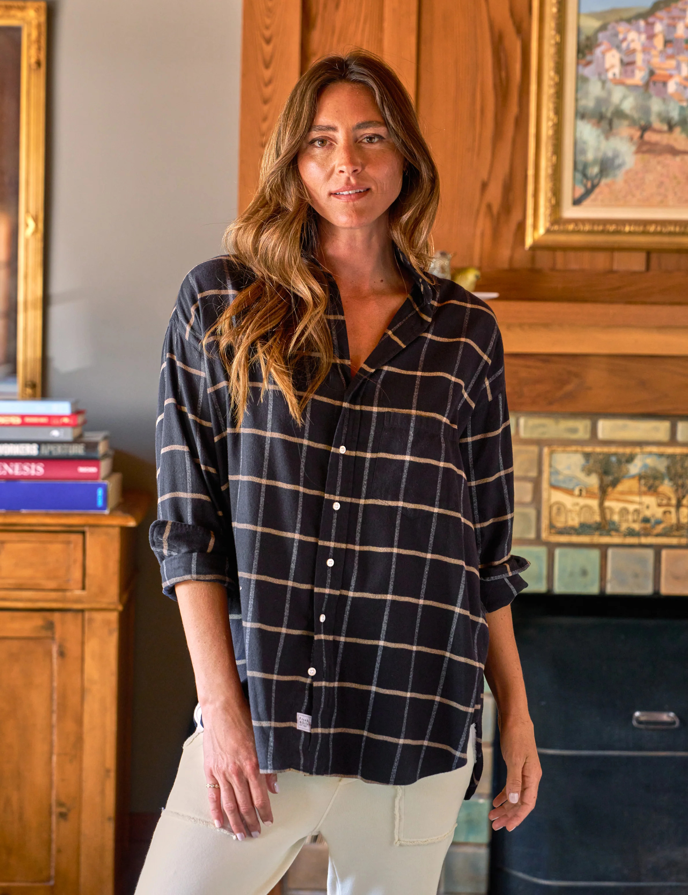 SHIRLEY Black with Camel Windowpane, Italian Flannel | Frank & Eileen