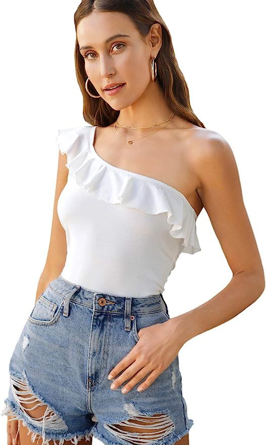 Floerns Women's Casual One Shoulder Sleeveless Ruffle Trim Solid Blouse Top | Amazon (US)