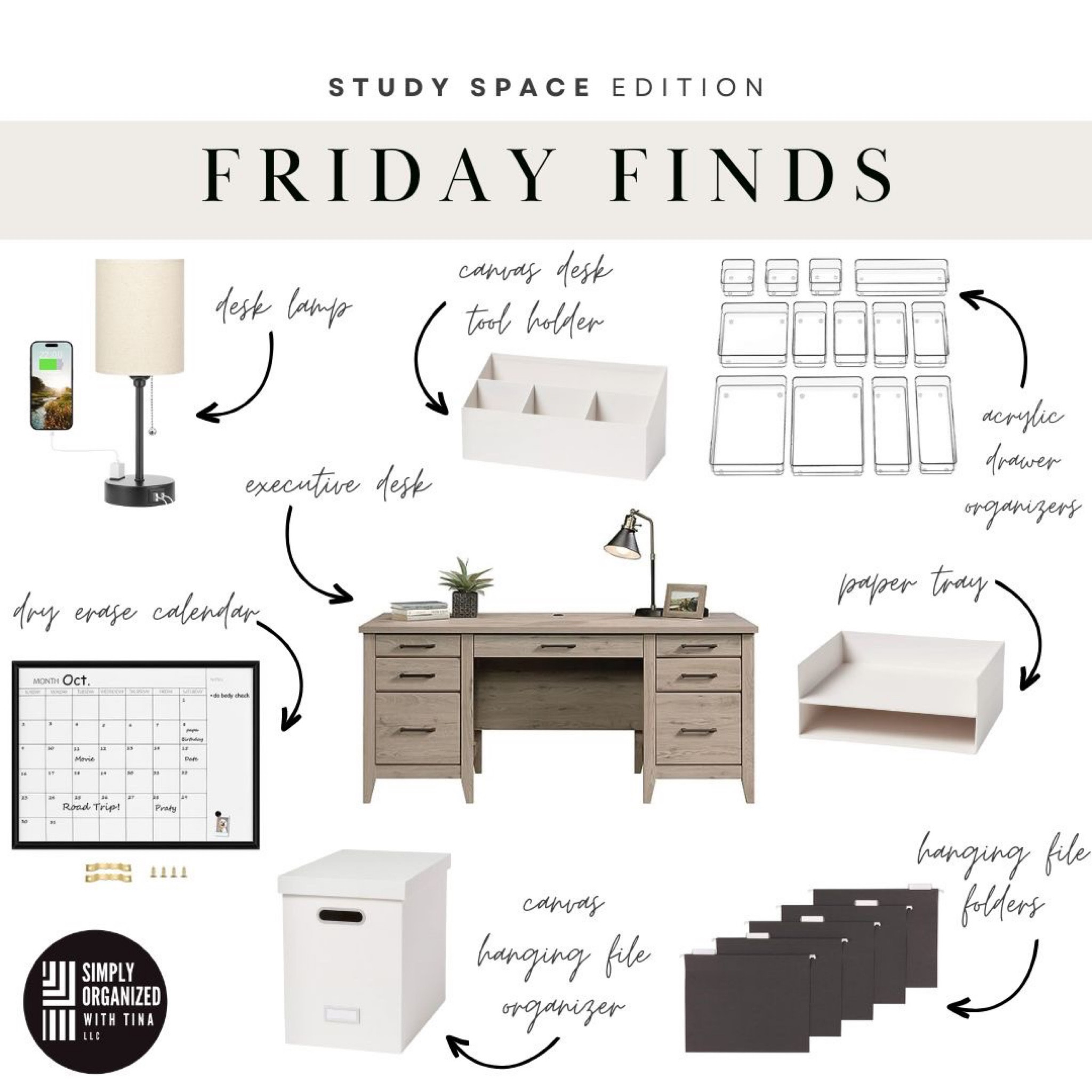 Here are some of our favorite items to organize a workspace:

▪️ Paper tray: Inbox for things that need to be "processed" from school
▪️ Canvas desktop tool holder: For items you grab the most (favorite pens, pencils, scissors, ruler, etc.)
▪️ Canvas file box: For all the short term papers that you need at the ready (SHORT TERM PAPER STORAGE is sooo important!)
▪️ Hanging file folders: Organize and label in a way that works best for your family
▪️Acrylic drawer organizers: Getting your desk organized so you can easily find supplies you need
▪️ Large dry erase calendar: Get organized with your schedules! 
▪️ Large executive desk: I always look for how we can capitalized on the space!  Always look for a desk with drawers! 
▪️ Desk lamp: A lot of desks are tucked in a corner and need some kind of light source. 

#LTKhome #LTKBacktoSchool #LTKfamily