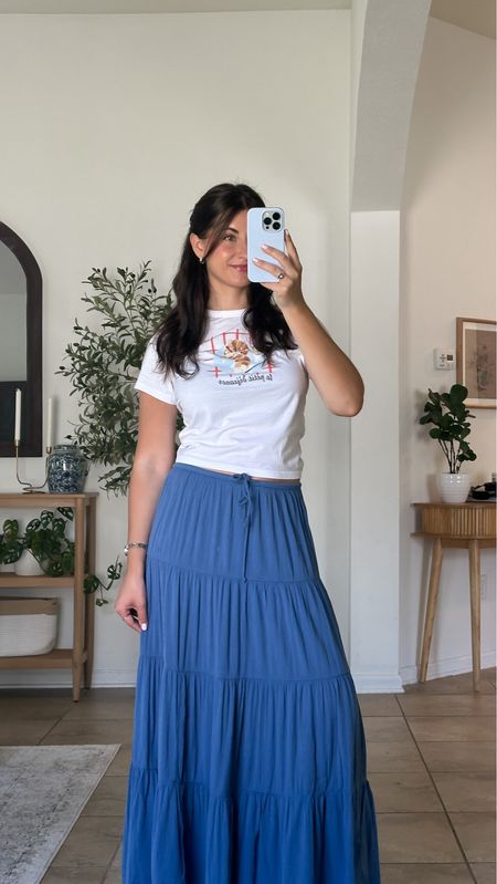 Casual maxi skirt outfit 
Wearing small tee & skirt (on sale 25% off) 

#LTKsalealert #LTKFestival #LTKSeasonal