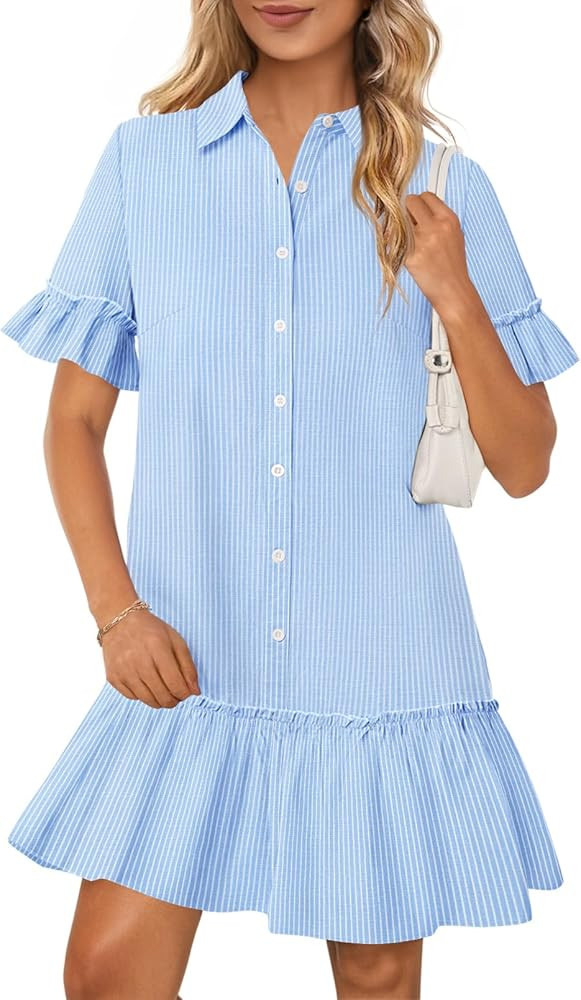 MEROKEETY Women's 2026 Summer Casual Shirt Dress Button Down Ruffle Sleeve Shift Mini Dresses wit... | Amazon (US)