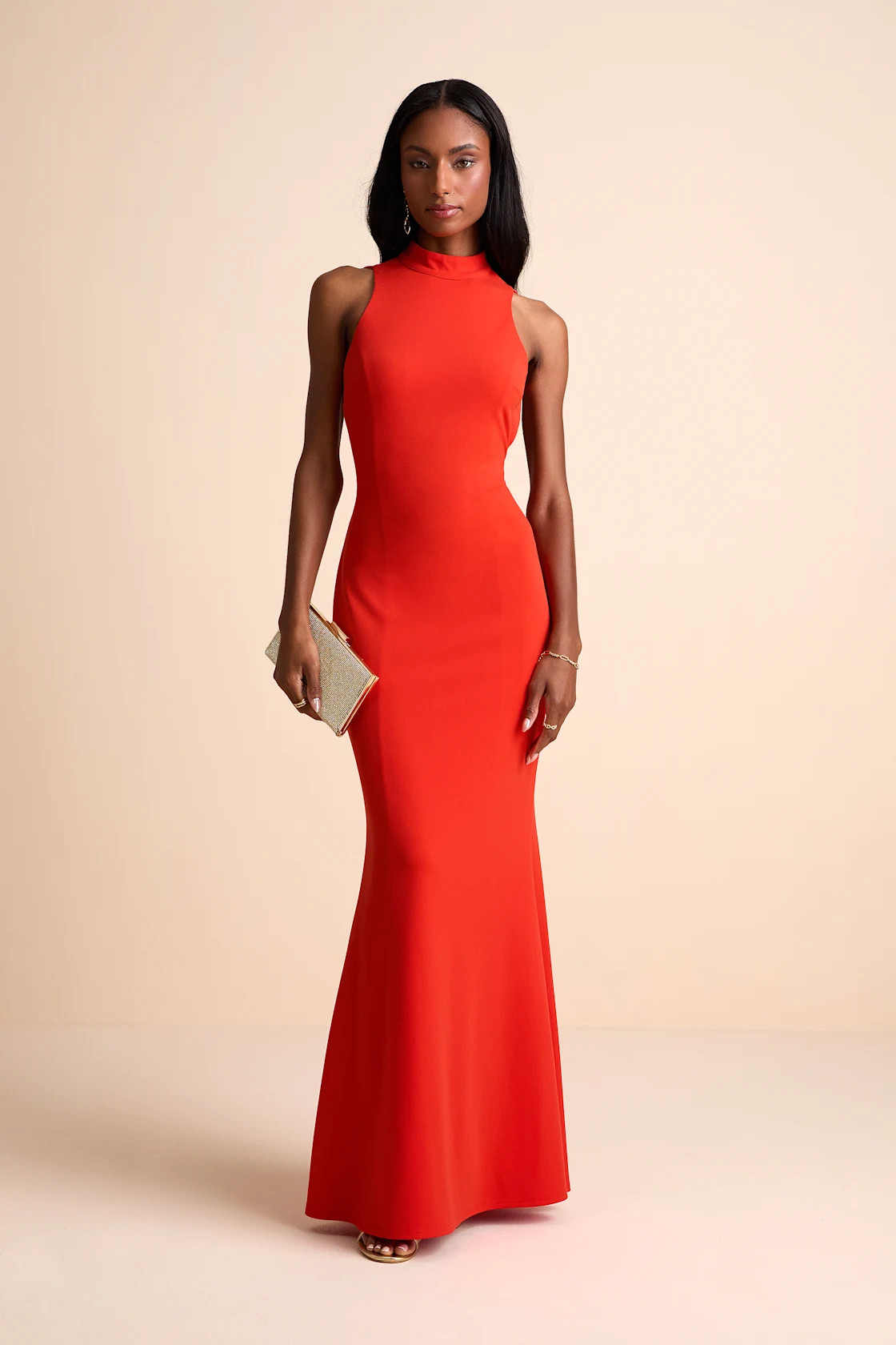 Damaris Bright Orange Mock Neck Backless Maxi Dress | Lulus