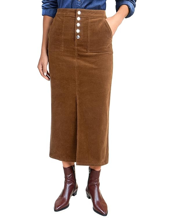 luvamia Corduroy Skirts for Women Midi Length High Waisted Button Fly Fall Casual Elastic Waist L... | Amazon (US)
