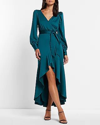 Textured Faux Wrap Ruffle Hi-Lo Maxi Dress | Express