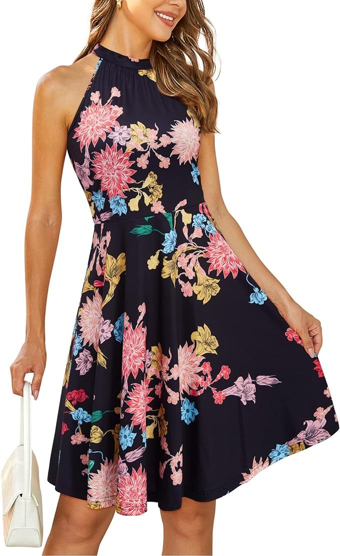 OUGES Women's Halter Neck Floral Summer Casual Sundress | Amazon (US)