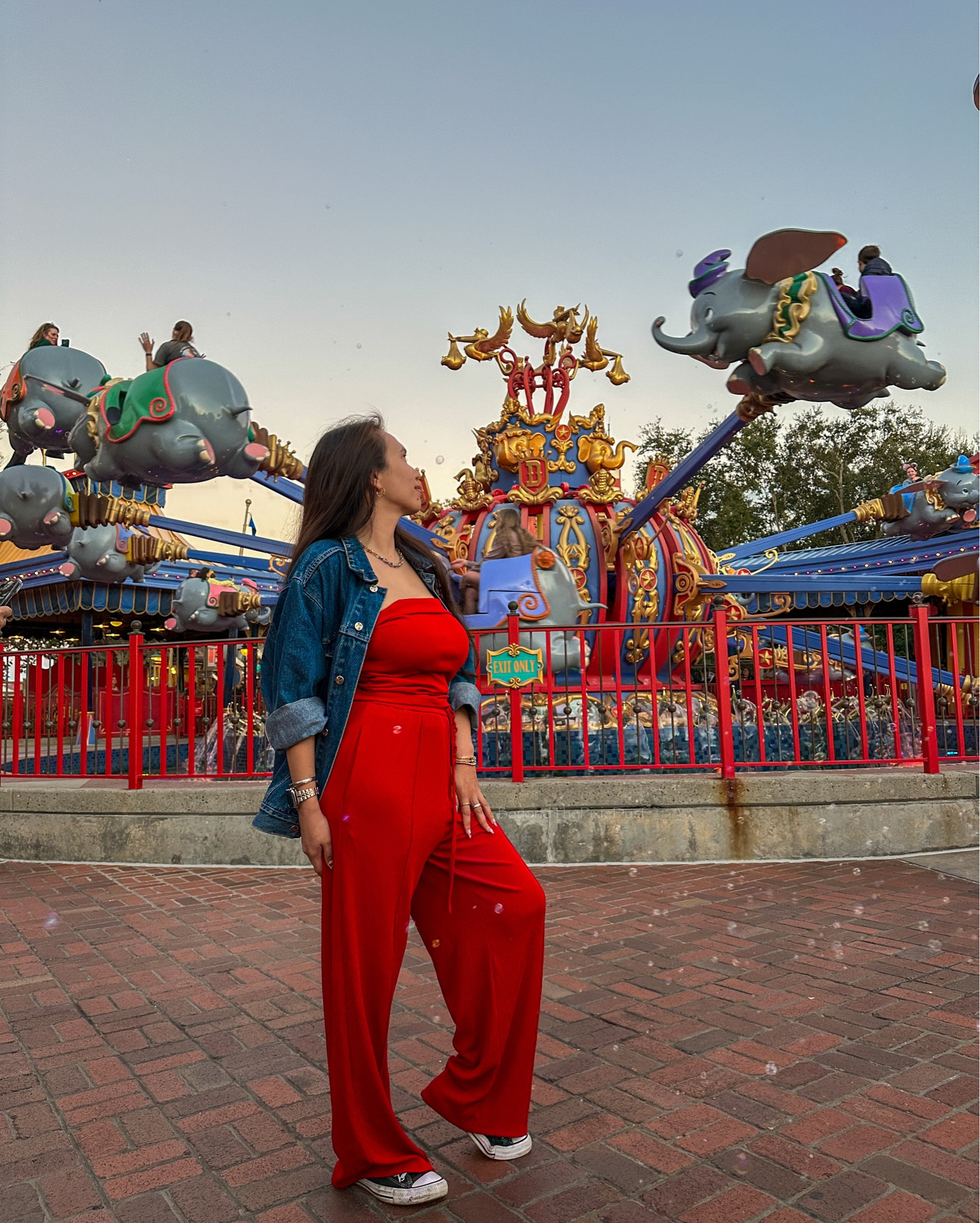 Versatile Red Two-Piece Set ✨ | Comfy tube top & flowy pants perfect for park days, date nights, and holidays! Styled with a vintage Mickey jean jacket & BaubleBar accessories. Loved wearing it on Christmas, Disney trips, and soon to be Valentine’s Day! Linked everything to help recreate this look or make it your own!

❤️SIZE: S 

#LTKValentine #LTKPetite #LTKootd