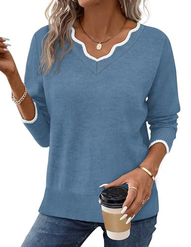 OFEEFAN Women's Blue V-Neck Sweater, XX-Large, Solid, Long Sleeve, Pullover, Soft and Fuzzy, Fall, Winter, Autumn, Casual Wear, Office, Teacher, Regular Fit | Amazon (US)