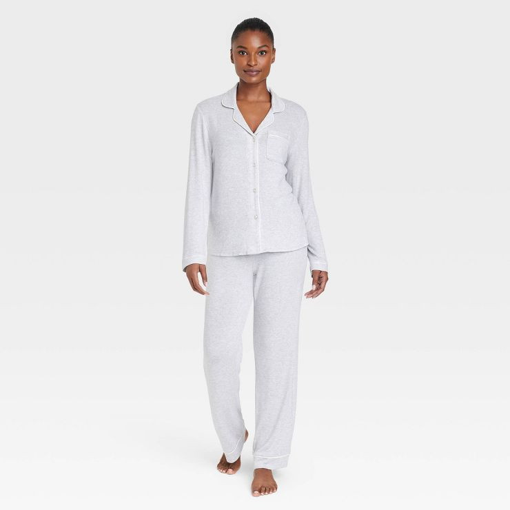 Women's Perfectly Cozy Long Sleeve Notch Collar Top and Pant Pajama Set - Stars Above™ Gray | Target
