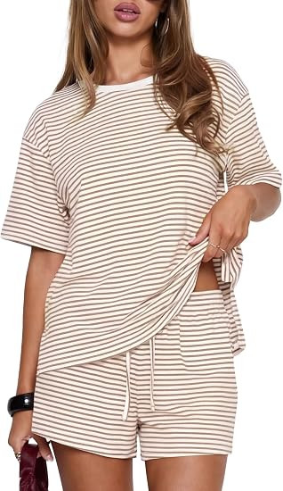 Darong Womens Striped 2 Piece Lounge Sets Short Sleeve Oversized T Shirts Drawstring Shorts Match... | Amazon (US)