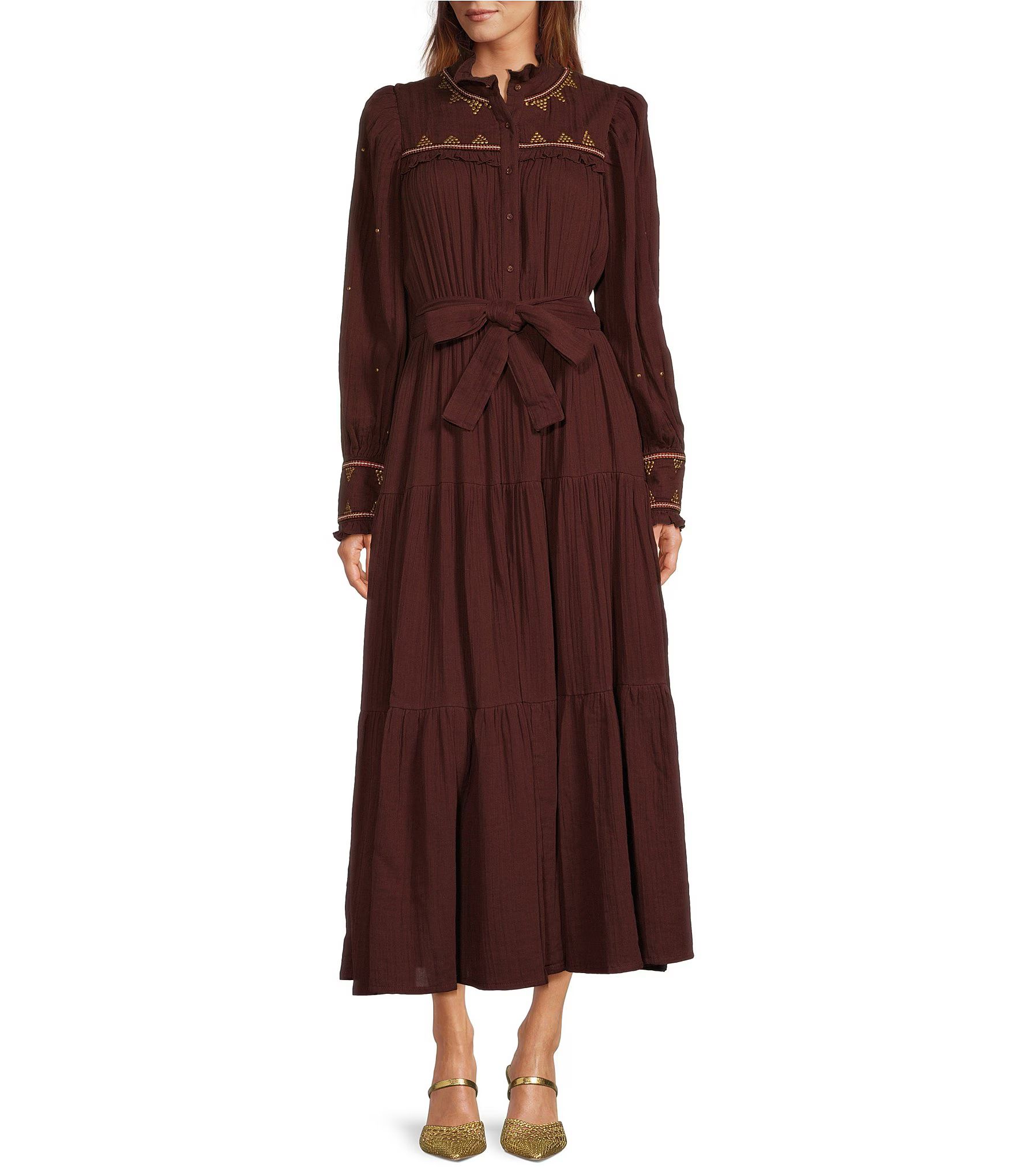 Gauze Embroidery Mandarin Neck Long Sleeve Self Tie Button Down Tier Maxi Dress | Dillard's