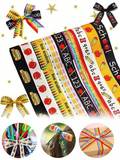 1/9pcs Back To School Decorative Ribbons, Apple & Pencil Theme Ribbons For Gift Packaging, Teacher's Day Gift Wrapping Decor, Suitable For Back To School Gifts, Room Decor, Total Length 45 Yards | SHEIN