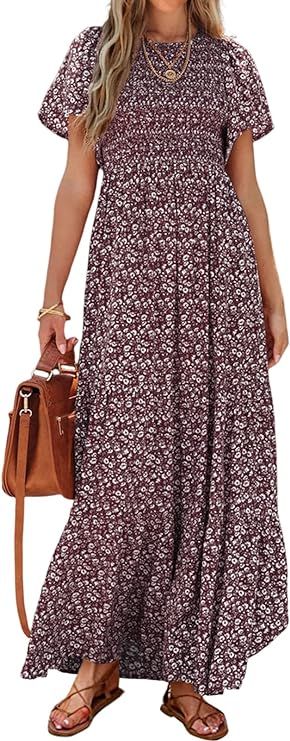 PRETTYGARDEN Women's 2024 Summer Casual Flutter Short Sleeve Boho Floral Maxi Dress Crew Neck Smo... | Amazon (US)