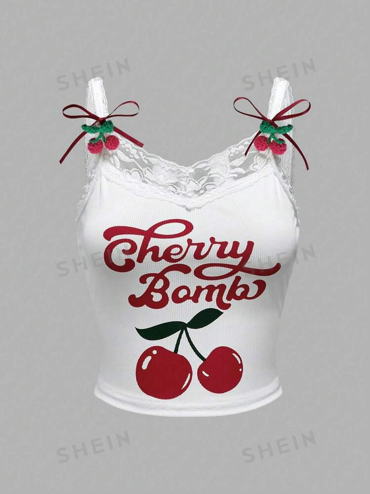 ROMWE Kawaii Casual Cherry Printed Contrast Lace Cami Top With 3D Cherry Decor, School | SHEIN