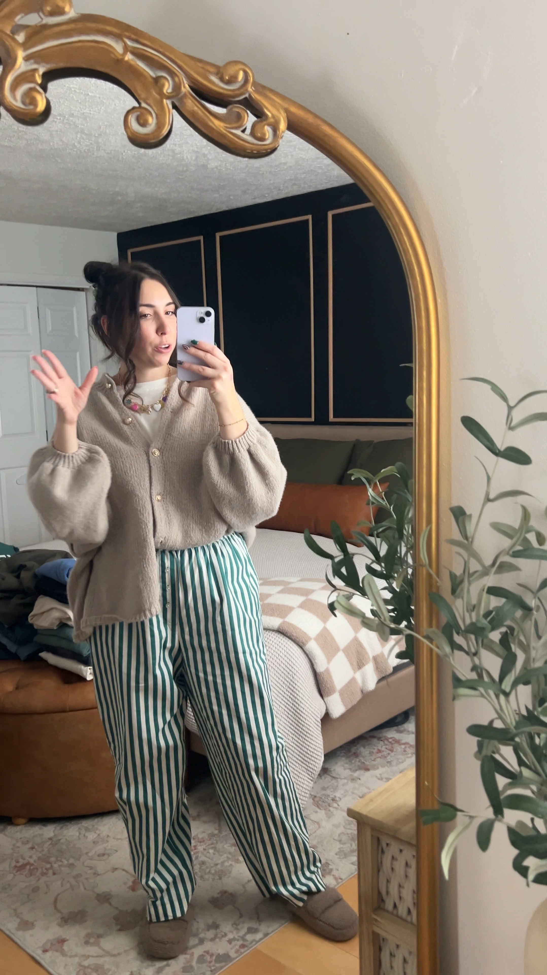 It’s giving grandmother + teacher + fun aunt all in one 🤪🩷❄️

My FUN snow day outfit because I’m readyyyy for Spring 🙌🏻🙌🏻

Amazon comfy button up oversized sweater + white tee + green striped boxer pants from Target + charm necklace for pops of color + Ugg “look for less” slippers from Amazon 

#LTKStyleTip #LTKFindsUnder50 #LTKMostLoved