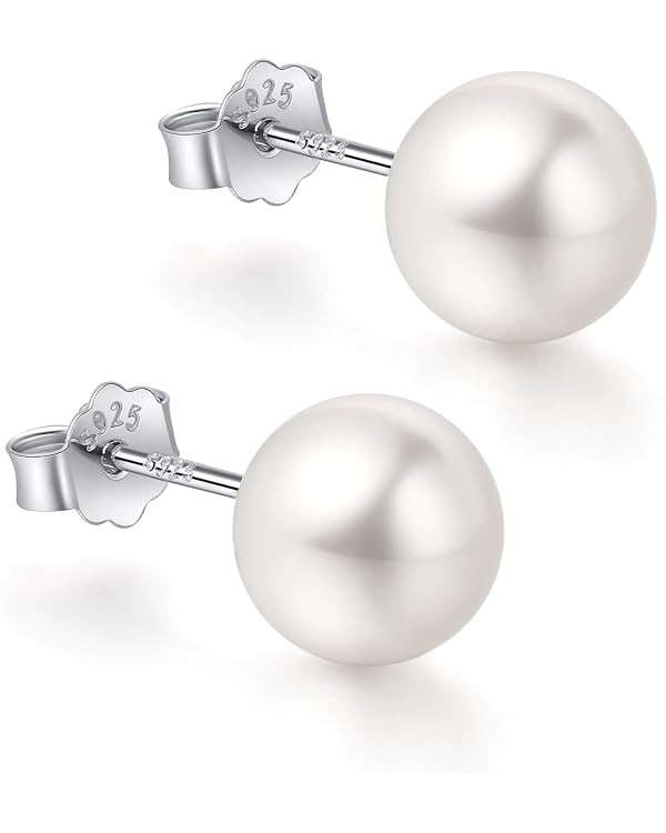 18K White Gold Plated Sterling Silver Post Faux Pearl Stud Earrings for Women, White Pearl Weddin... | Amazon (US)