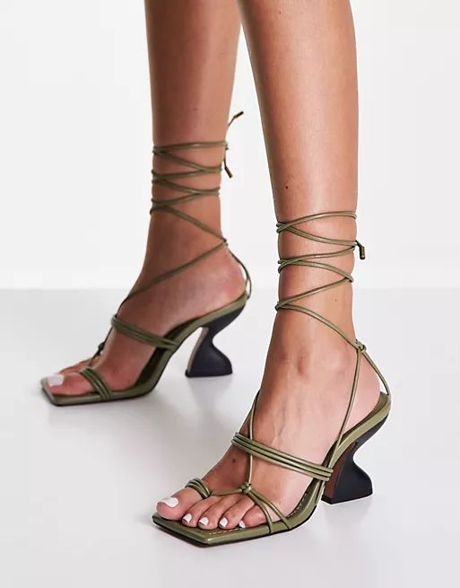 ASOS DESIGN Helix strappy tie leg heeled sandals in olive | ASOS | ASOS (Global)