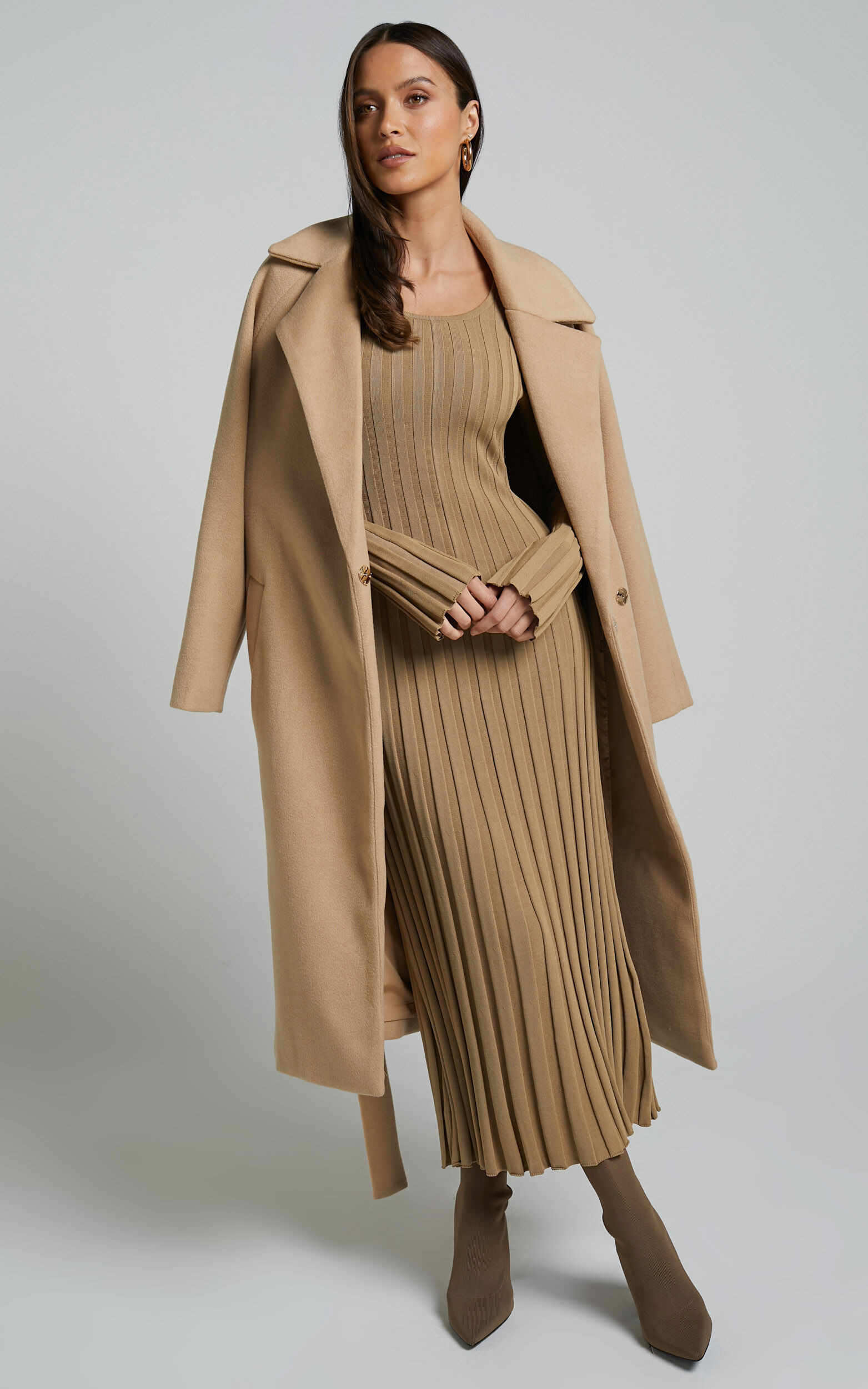 Blaire Midi Dress - Long Sleeve Tie Back Flare Dress in Roasted Cashew | Showpo (US, UK & Europe)