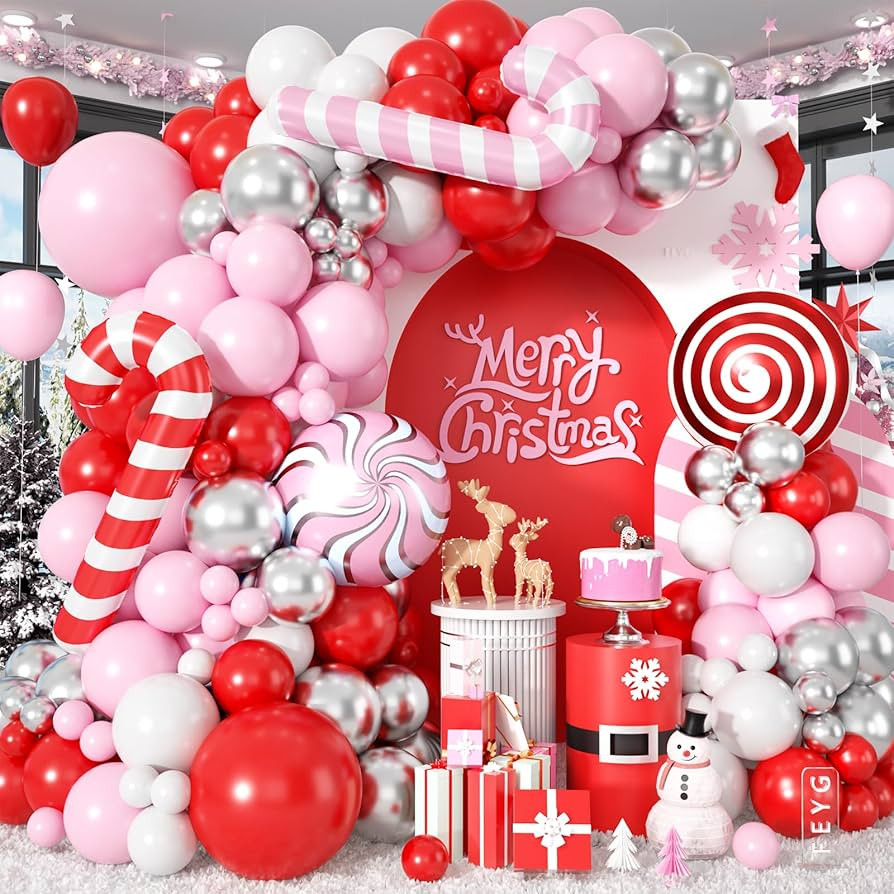 Pink Christmas Balloon Garland Arch Kit,Red Pink White Silver Latex Balloons Xmas Candy Cane Foil... | Amazon (US)