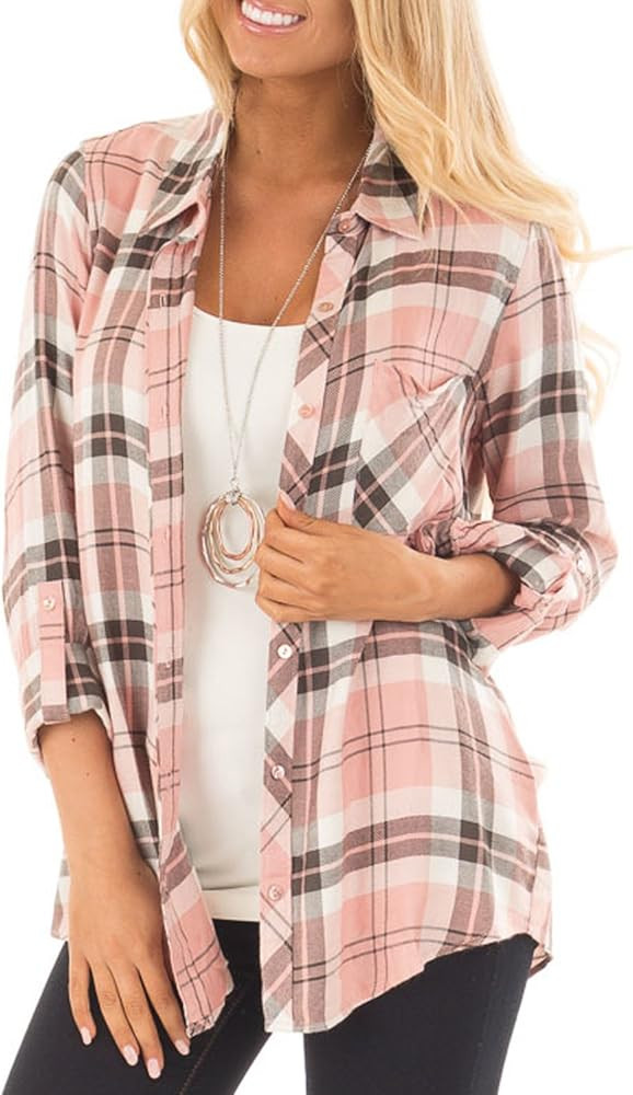NUOREEL Womens Casual Plaid Soft Button Down Tops Roll Up Long Sleeve Cuffed Blouse Shirts | Amazon (US)