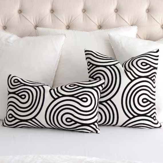 Swirl Wave Schumacher Embroidered Giraldi Black White Designer Texture Throw Pillow Cover with Zi... | Etsy (CAD)