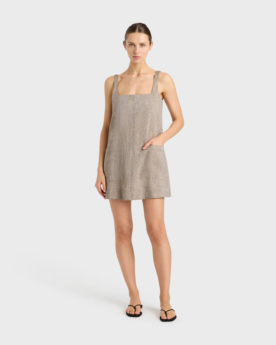 BONDI BORN® | Leiden A-Line Mini Dress in Sepia | Designer Linen | BONDI BORN