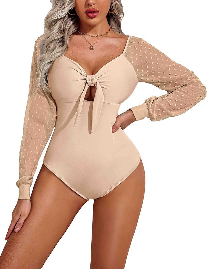 Amazon.com: Hotouch Women's Sweetheart Neck Front Bow Long Sleeve Polka Dots Sheer Mesh Bodysuit ... | Amazon (US)