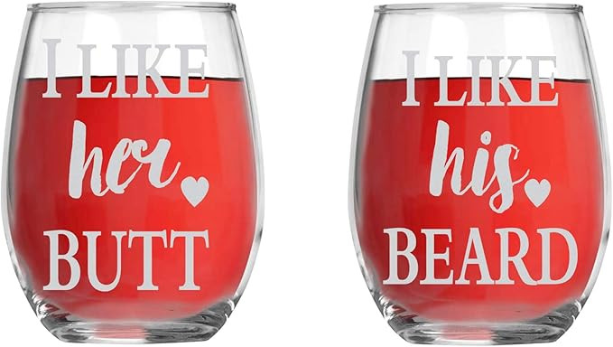 AW Fashions I Like His Beard, I Like Her Butt - 15oz Crystal Wine Glasses - Couples Stemless Wine... | Amazon (US)