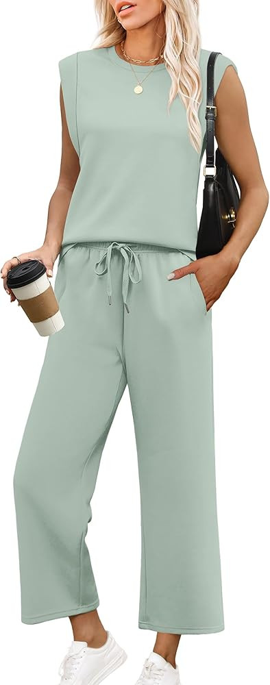 SAMPEEL Two Piece Sets for Women Casual Travel Vacation Outfits Summer Wide Leg Crop Pants Lounge... | Amazon (US)