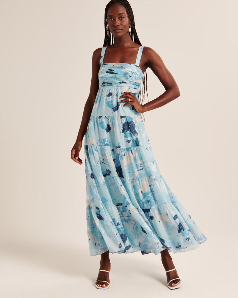 Women's Tiered Ruched Babydoll Maxi Dress | Women's Clearance | Abercrombie.com | Abercrombie & Fitch (US)