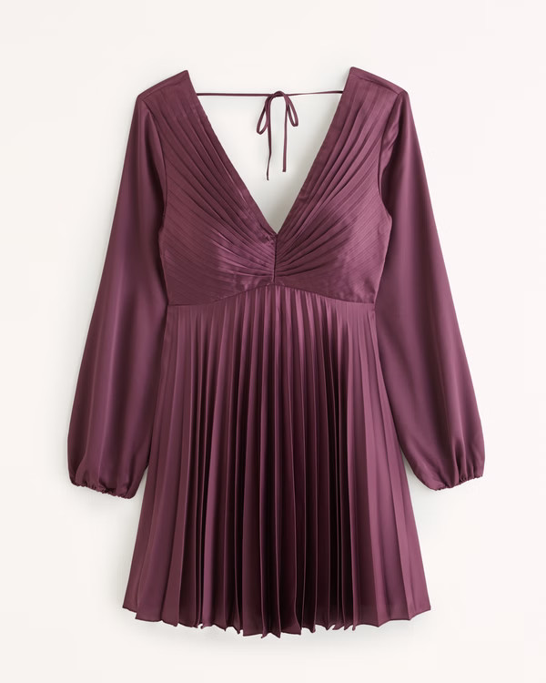 Long-Sleeve Satin Pleated Mini Dress | Abercrombie & Fitch (US)