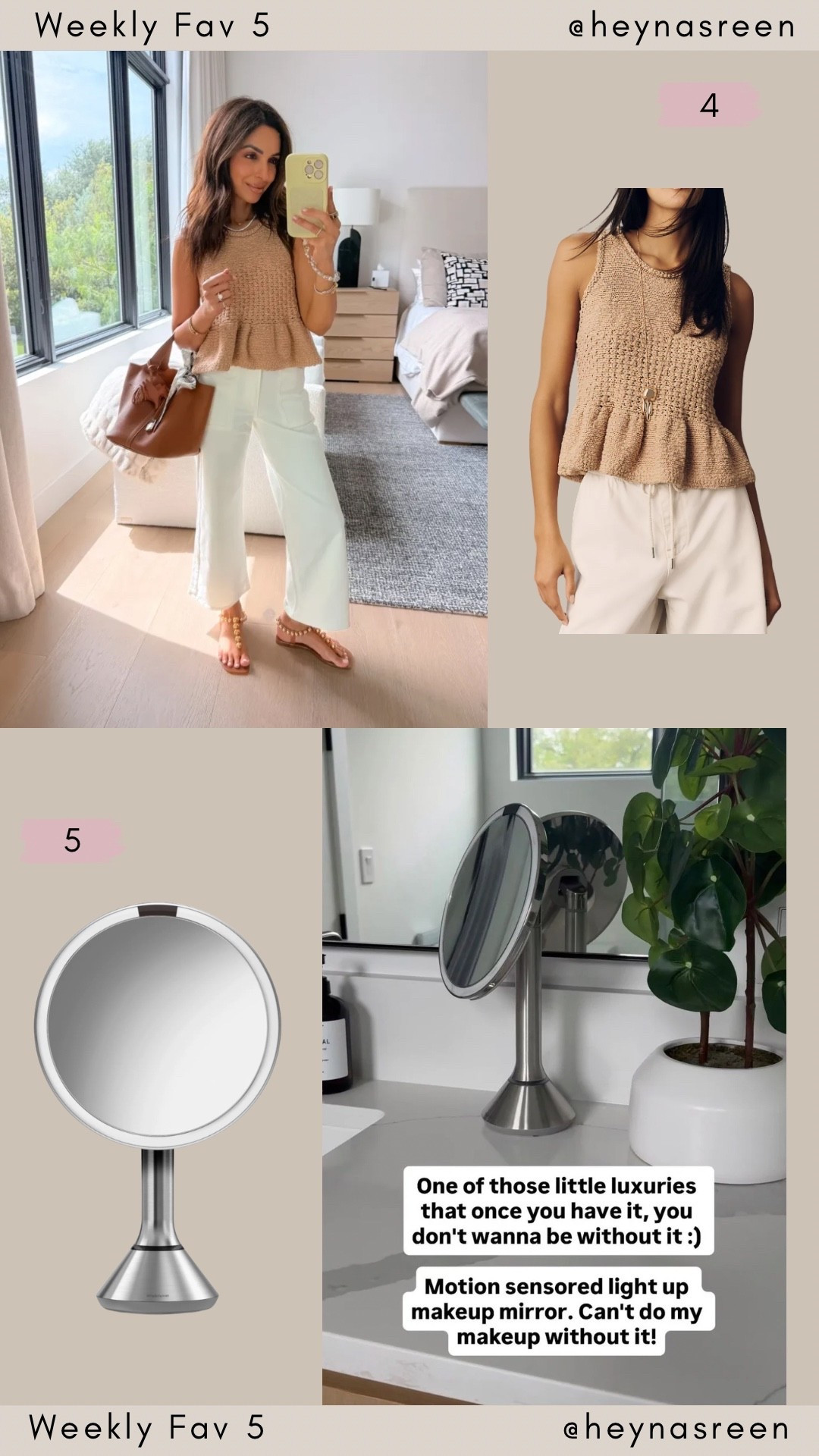 Fav 5:
#4: Anthro knit top 
#5: Simple Human mirror, on sale during Nords Anniversary and my fav makeup mirror that I’ve been using for years!