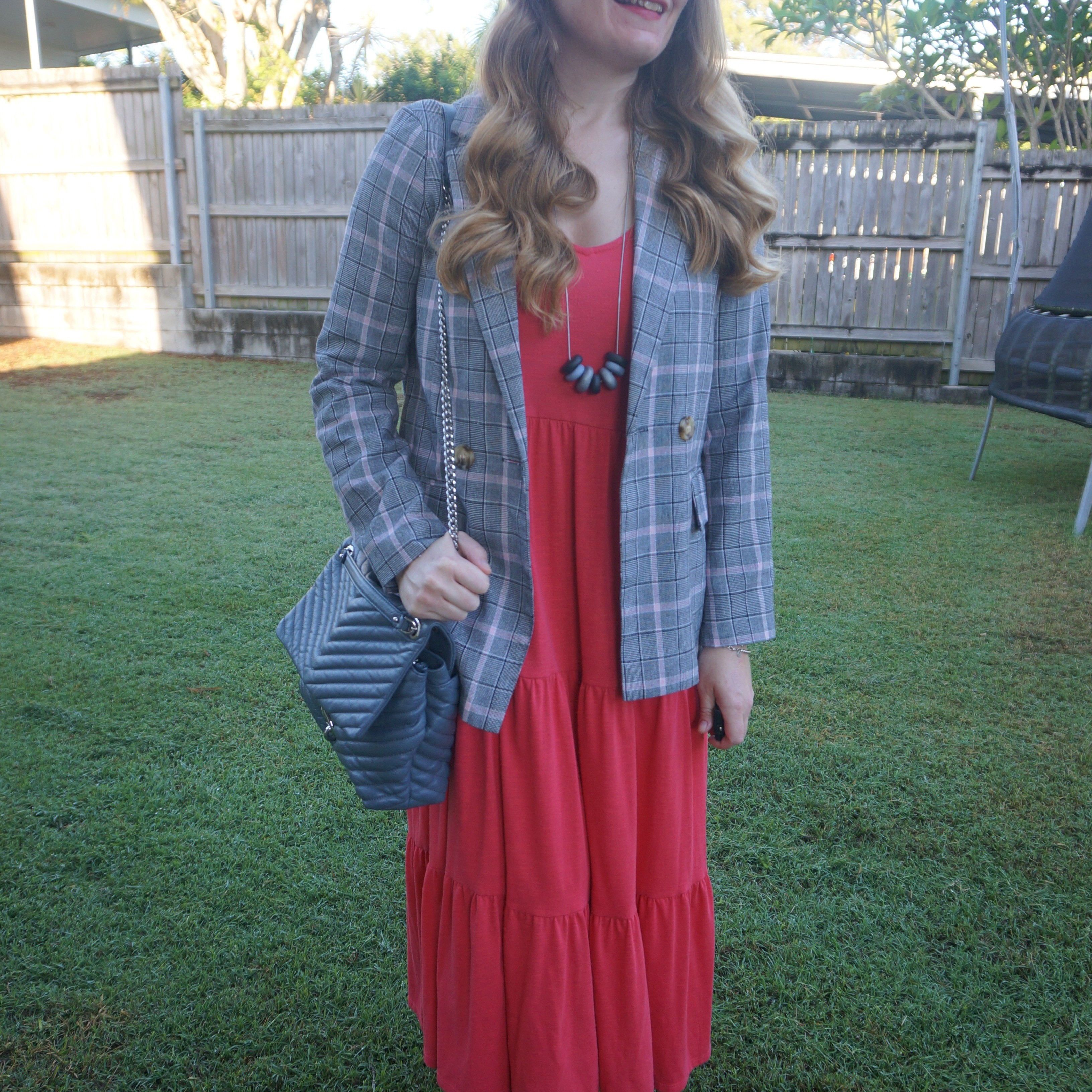 Coral tiered Kmart Anko maxi dress with thrifted tartan blazer and Rebecca Minkoff Luna blue Edie bag 💙

#LTKworkwear #LTKaustralia #LTKbag