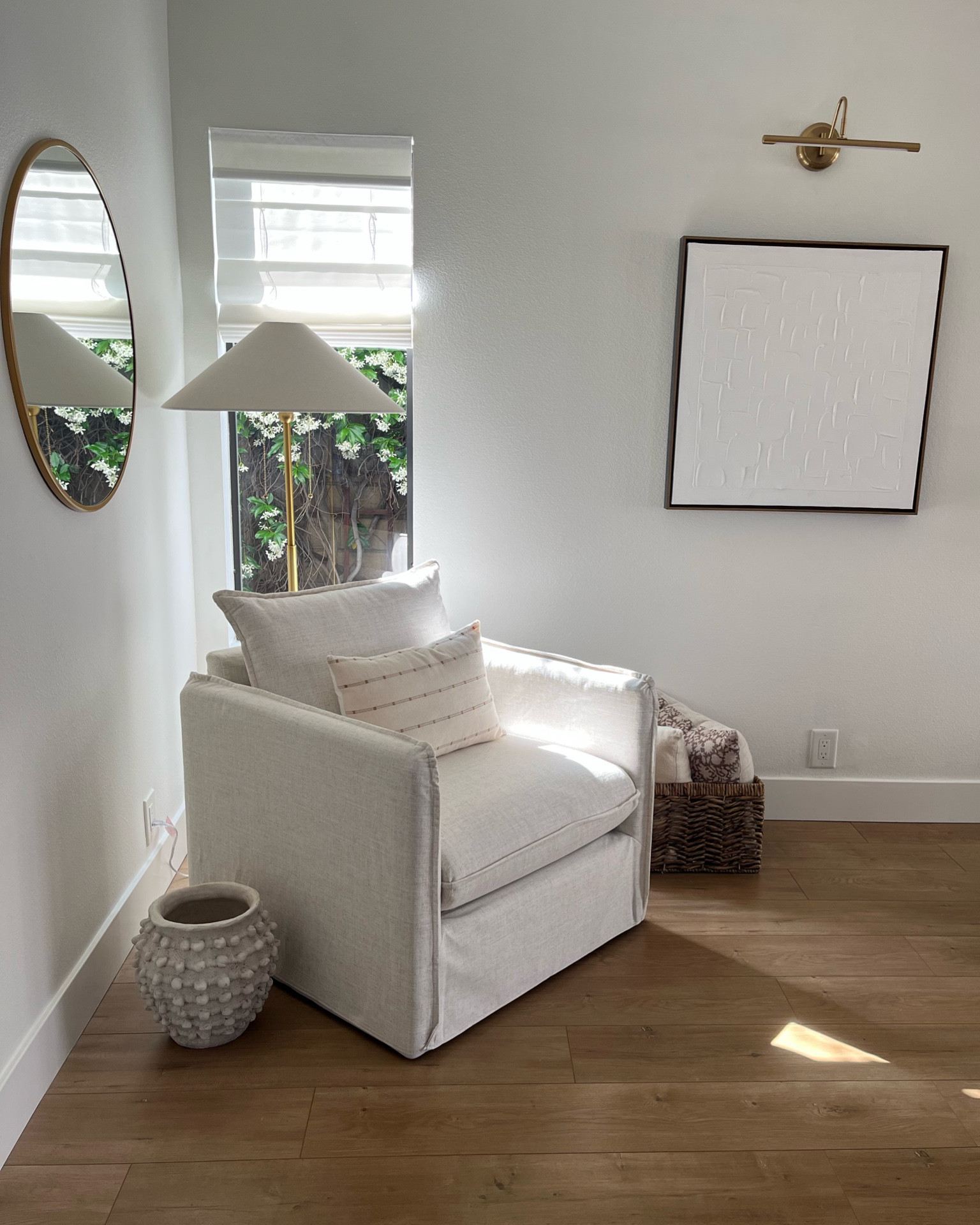 Family room/ living room/ reading corner

Linen chair, floor lamp, pillow, mirror, art light 

#LTKhome #LTKSeasonal #LTKunder100