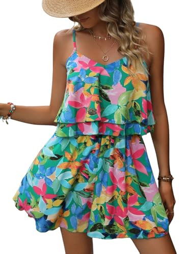 Amazon.com: RoseSeek Women's Boho Wide Leg Short Romper Spaghetti Strap Layered Ruffle Vacation S... | Amazon (US)