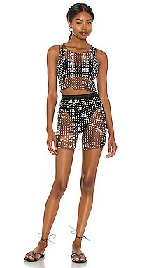 Beach Bunny Glitzy Girl Mesh Pearl Top & Skirt Set in Black from Revolve.com | Revolve Clothing (Global)
