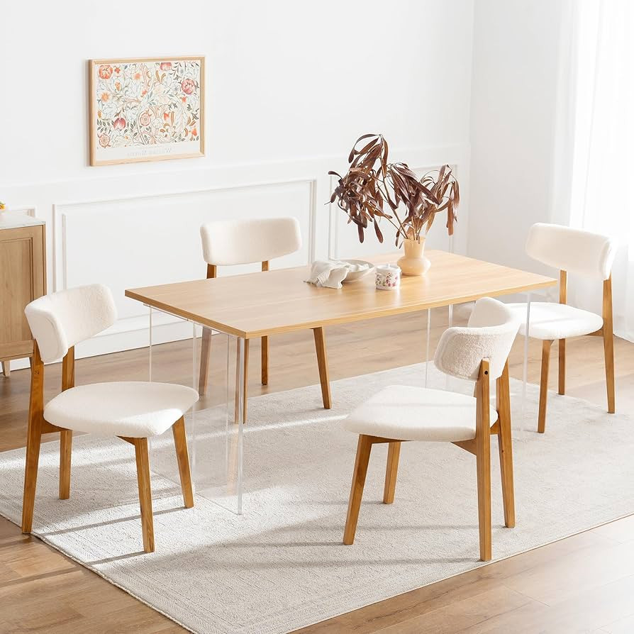 Boucle Dining Chairs Set of 4, Upholstered Sherpa Kitchen Chair with Curved Backrest and Solid Wo... | Amazon (US)