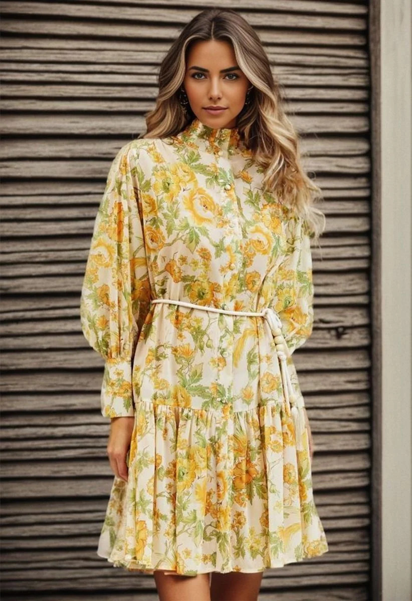 High Neck Orange Floral Printed Dress | Chicwish