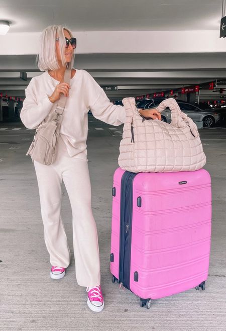 Travel outfit - my #amazon set is a size small. This quilted free people bag is a must! So roomy and perfect for fall. My sling back is also a great gift option. Amazon suitcase #converse #suitcase #amazonfashion #traveloufit 

#LTKunder50 #LTKSeasonal #LTKtravel