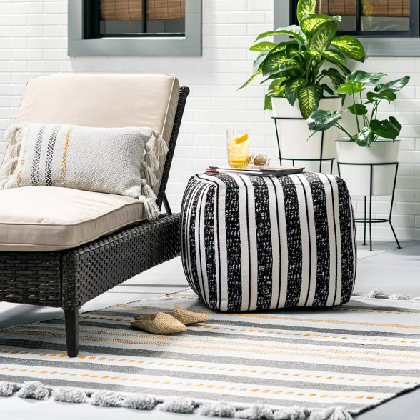 Bold Stripe Outdoor Ottoman Pouf Black/White - Hearth & Hand™ with Magnolia | Target