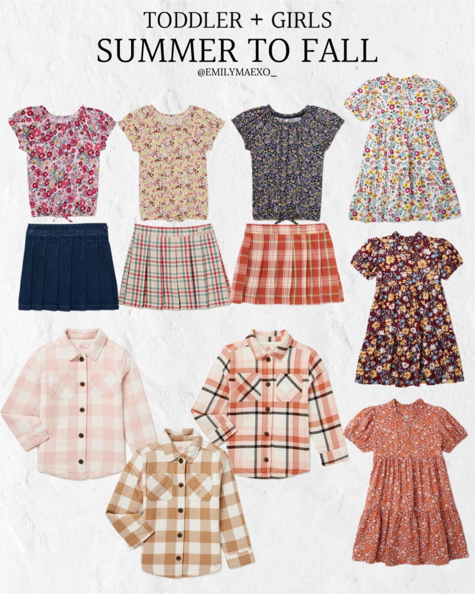 Toddler girls summer to fall outfits, girls summer to fall, plaid skirts, floral shirts, floral dresses, plaid shackets, flannel jackets, family outfits 

#LTKHalloween #LTKfamily #LTKSeasonal