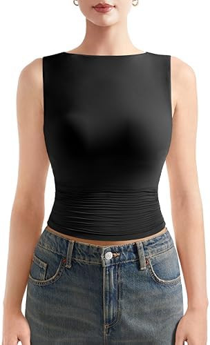 SUUKSESS Women Double Lined Going Out Basic Tank Tops Ruched Summer T Shirts | Amazon (US)